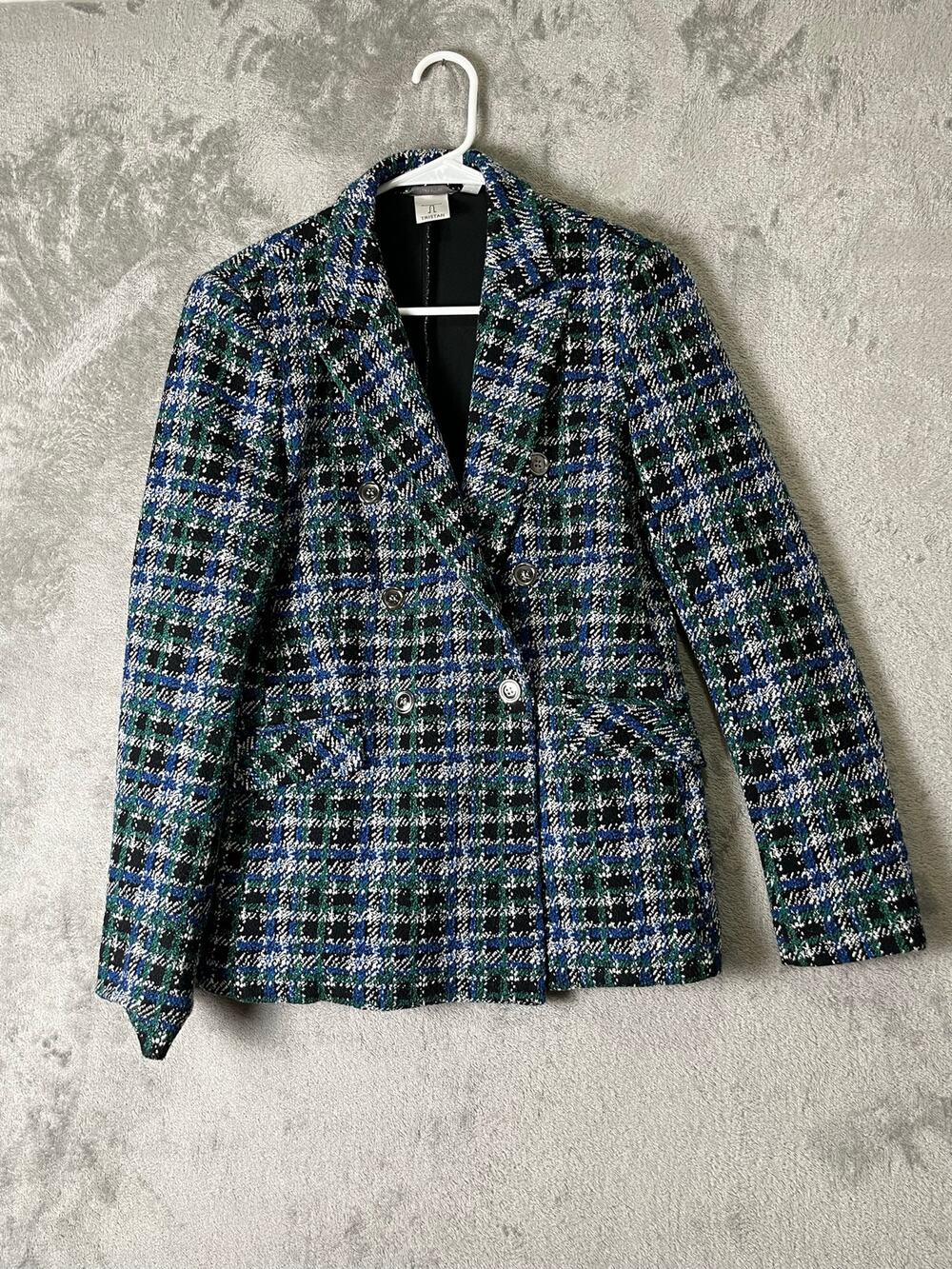 Tristan Blue Green Plaid Tweed Fitted Blazer Jacket Dark Academia Women's M